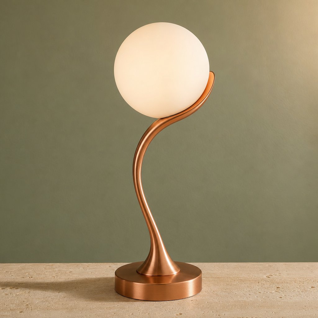 Commercial product photograph of an unbranded sculptural desk lamp with a frosted opal glass globe and brushed copper stem, standing on a pale travertine surface against a muted sage background, illuminated by soft overhead diffusion and a delicate warm rim light. — GPT Image 2