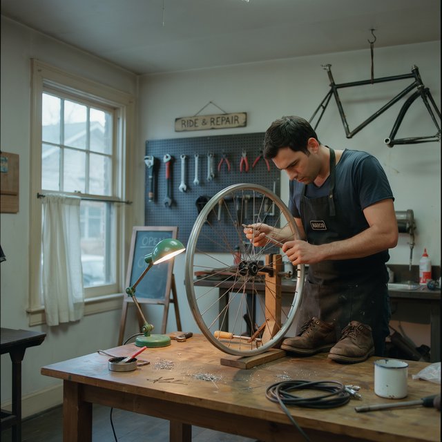 Candid documentary photograph of an adult bicycle mechanic tightening a wheel in a modest repair shop, cool window light mixing with a warm work lamp, 35mm lens with moderate depth of field, fine metal filings caught on the workbench. — Ideogram v4