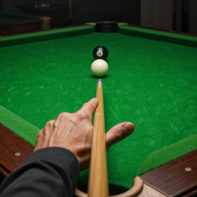 First-person perspective of an adult pool player’s left hand holding the cue, aiming the white cue ball at the black 8-ball and intending to pocket it in the center pocket. — Kling v3 Omni