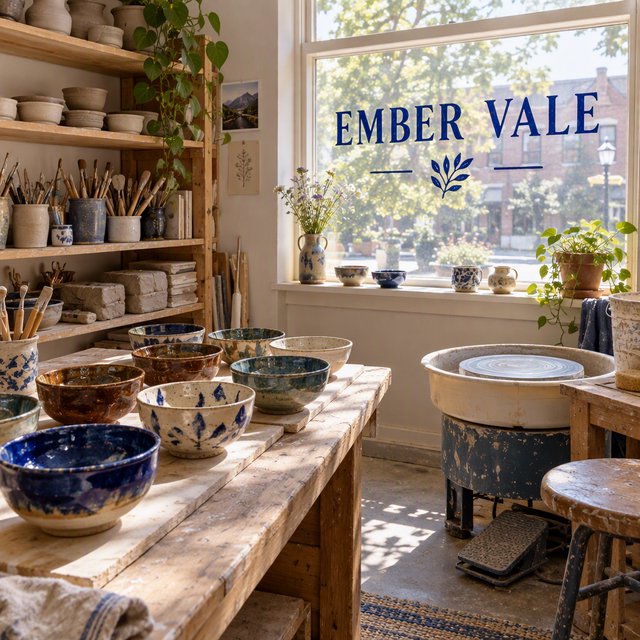 Inside a sunlit ceramics studio, glazed bowls dry beside a turning wheel and shelves of clay tools; "EMBER VALE" is painted in cobalt capitals on the front window. — GPT Image 2.5 Flare