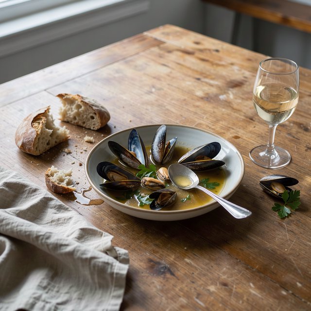 Beside a rumpled linen napkin, an in-progress supper shows a shallow bowl of mussels, torn bread, and a half-full glass on a wooden table. A natural-light dining snapshot, shot at 50mm with shallow depth of field, catches crumbs and glossy broth. — FLUX 3 Image