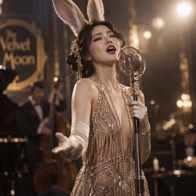 Anthropomorphic rabbit-human hybrid. No human ears visible; the areas where ears would normally be are covered by rabbit fur. A pulchritudinous East Asian 32-year-old wearing a luxurious flapper dress with a deep V split down the center, standing on stage behind a luxurious retro microphone, singing her heart out into it. Taken with a professional DSLR camera and a 35mm lens. Background bokeh, stage lights with a bloom effect. — GPT Image 2.5 Sunburst