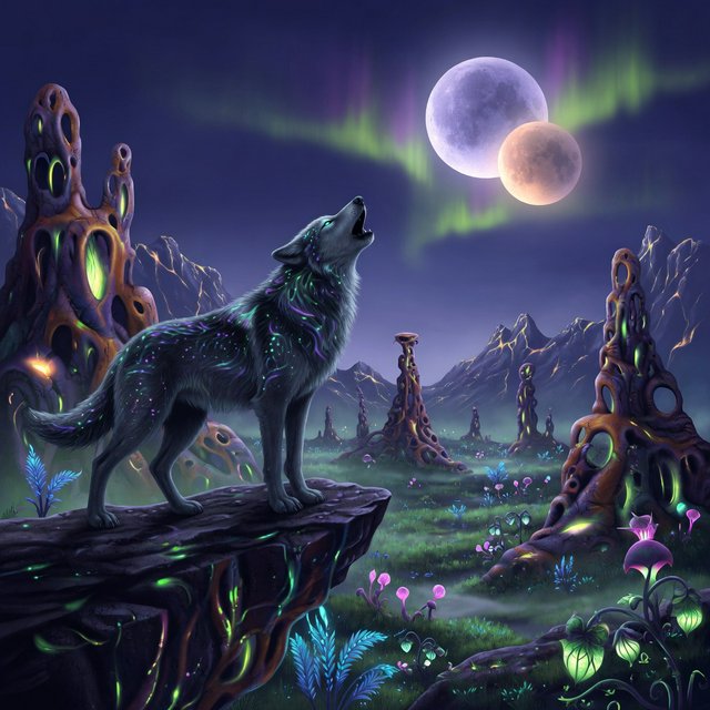 A solitary wolf, its fur subtly infused with shimmering, bio-luminescent patterns, howling at a sky filled with twin moons. The wolf stands on a cliff overlooking a vast, alien landscape dotted with strange, glowing rock formations and spectral, phosphorescent vegetation. — Grok Imagine Image Quality