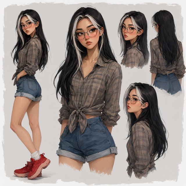 Character exploration sheet of the same woman: several bust and waist-up studies with varied expressions and 3/4 views, including one from behind, glancing over her shoulder at the viewer; one larger central portrait; and one full-length figure at the side, spanning the image height. Plain light-gray background with irregular painted edges. Character: 25-year-old Korean woman with long straight black hair and two platinum face-framing streaks from roots to ends, glasses, tipped almond eyes, Asian skin tone, plaid button-up tied at the waist, cuffed denim shorts, chunky red sneakers. Style: stylized semi-realistic digital painting; animation-inspired proportions, large eyes, strong brows, simplified but solid anatomy, painterly shape-based rendering, minimal linework, soft facial shading, angular clothing brushwork, warm luminous skin with peach/terracotta undertones and rosy cheeks/nose, sculpted hair, muted charcoal/earth palette, soft studio light, loose unfinished edges. — Model 18