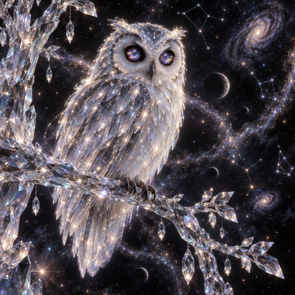 An ethereal owl with feathers made of shimmering moonlight and eyes like miniature galaxies, perched on a branch of a crystalline tree that grows in a void. Wisps of cosmic dust drift around it, and faint constellations are visible in the background. The scene evokes a sense of profound tranquility and celestial mystery. Style: Ethereal, surrealism, with a touch of photorealism. — GPT Image 2.5 Sunburst