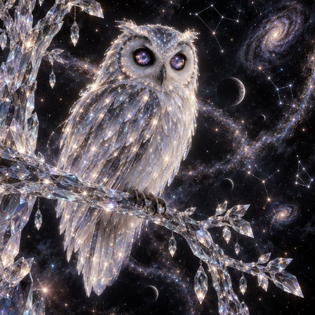 An ethereal owl with feathers made of shimmering moonlight and eyes like miniature galaxies, perched on a branch of a crystalline tree that grows in a void. Wisps of cosmic dust drift around it, and faint constellations are visible in the background. The scene evokes a sense of profound tranquility and celestial mystery. Style: Ethereal, surrealism, with a touch of photorealism. — GPT Image 2.5 Sunburst