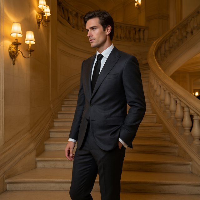 A tall adult man in a charcoal evening suit pauses halfway down a sweeping hotel staircase, caught glancing toward the ballroom as amber sconces cast sculpted light across stone; crisp tailoring and composed fashion-magazine polish. — Model 17