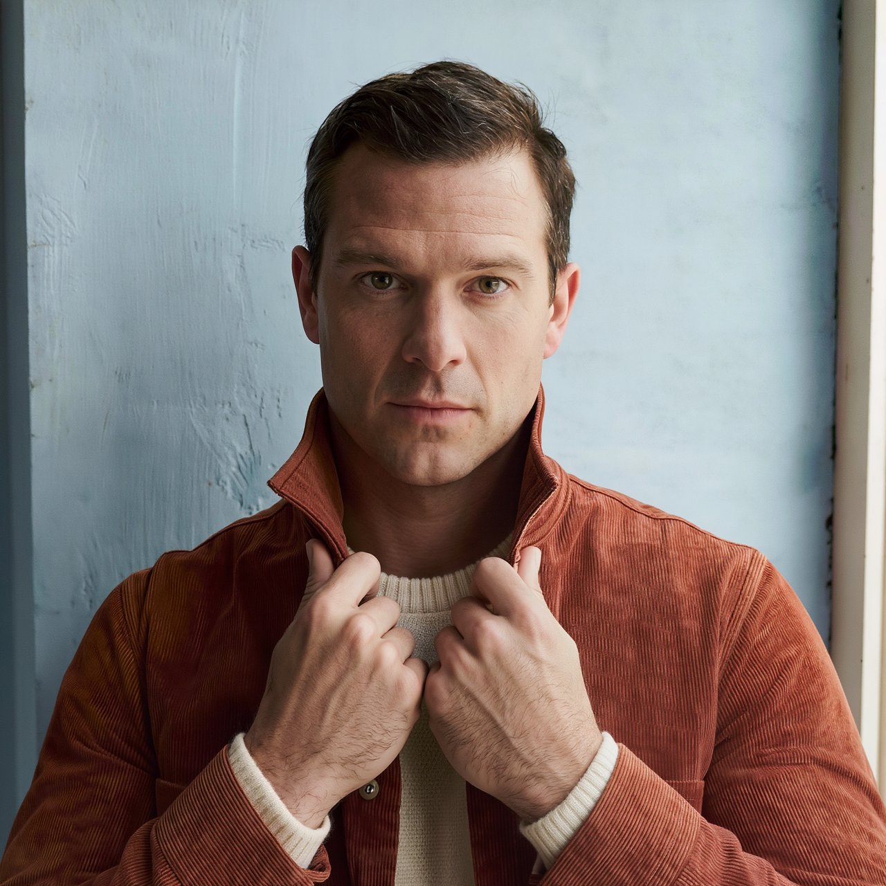 Portrait photograph of an adult man in his late 30s wearing a rust-colored corduroy overshirt over a cream knit, fingertips resting on its broad collar. His quietly curious gaze meets the camera against a pale blue plaster backdrop, softly lit by cool side-window light. — Kling v3