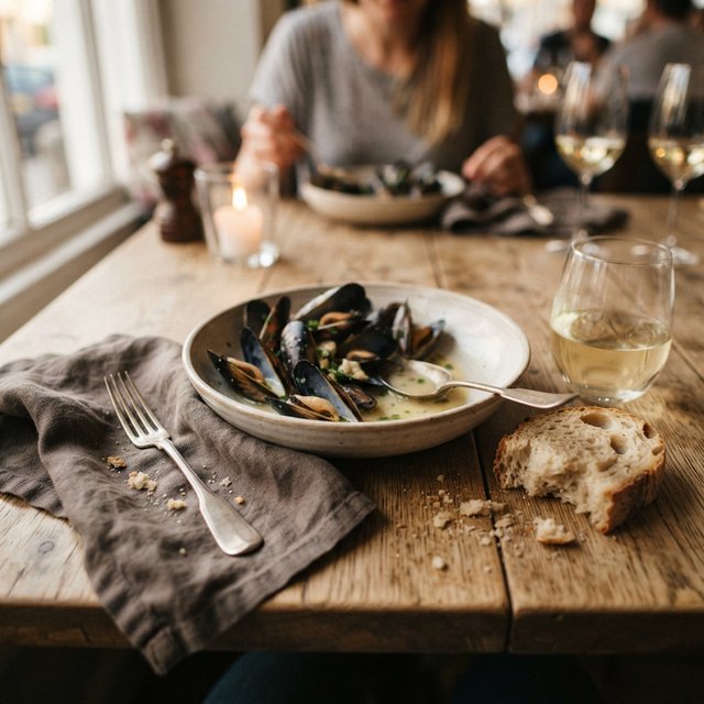 Beside a rumpled linen napkin, an in-progress supper shows a shallow bowl of mussels, torn bread, and a half-full glass on a wooden table. A natural-light dining snapshot, shot at 50mm with shallow depth of field, catches crumbs and glossy broth. — Nano Banana 2 Lite