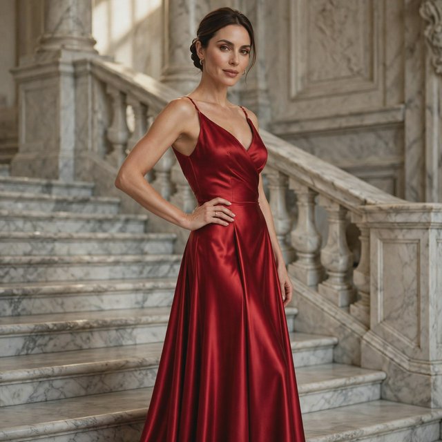 An adult woman in a floor-length red satin evening gown on a marble staircase, soft key light, confident pose, magazine cover style. — Muse Image 1.0