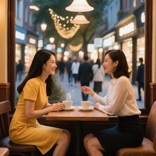 A cozy nighttime café scene featuring two young adult Chinese women seated at a table by a window. One wears a yellow dress, and the other, seated opposite her, wears a white blouse and black skirt. They are chatting warmly with each other, with two cups of coffee on the table. Outside the window, a lively shopping street glows with evening lights, creating a relaxed, intimate, and cinematic atmosphere. — Kling v3