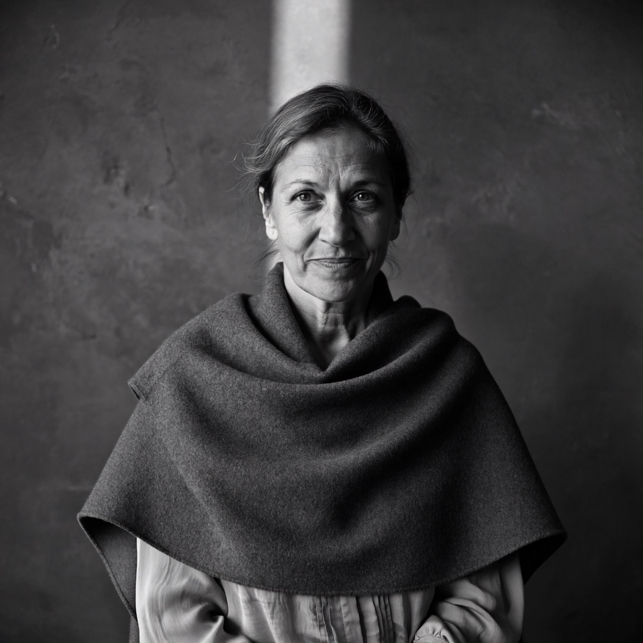 Under a narrow window beam, an adult woman in her late 50s wears a sculpted wool cape over a cotton blouse; her wry expression rests against a charcoal plaster backdrop in a black-and-white portrait, shaped by soft angled light. — ImagineArt 2