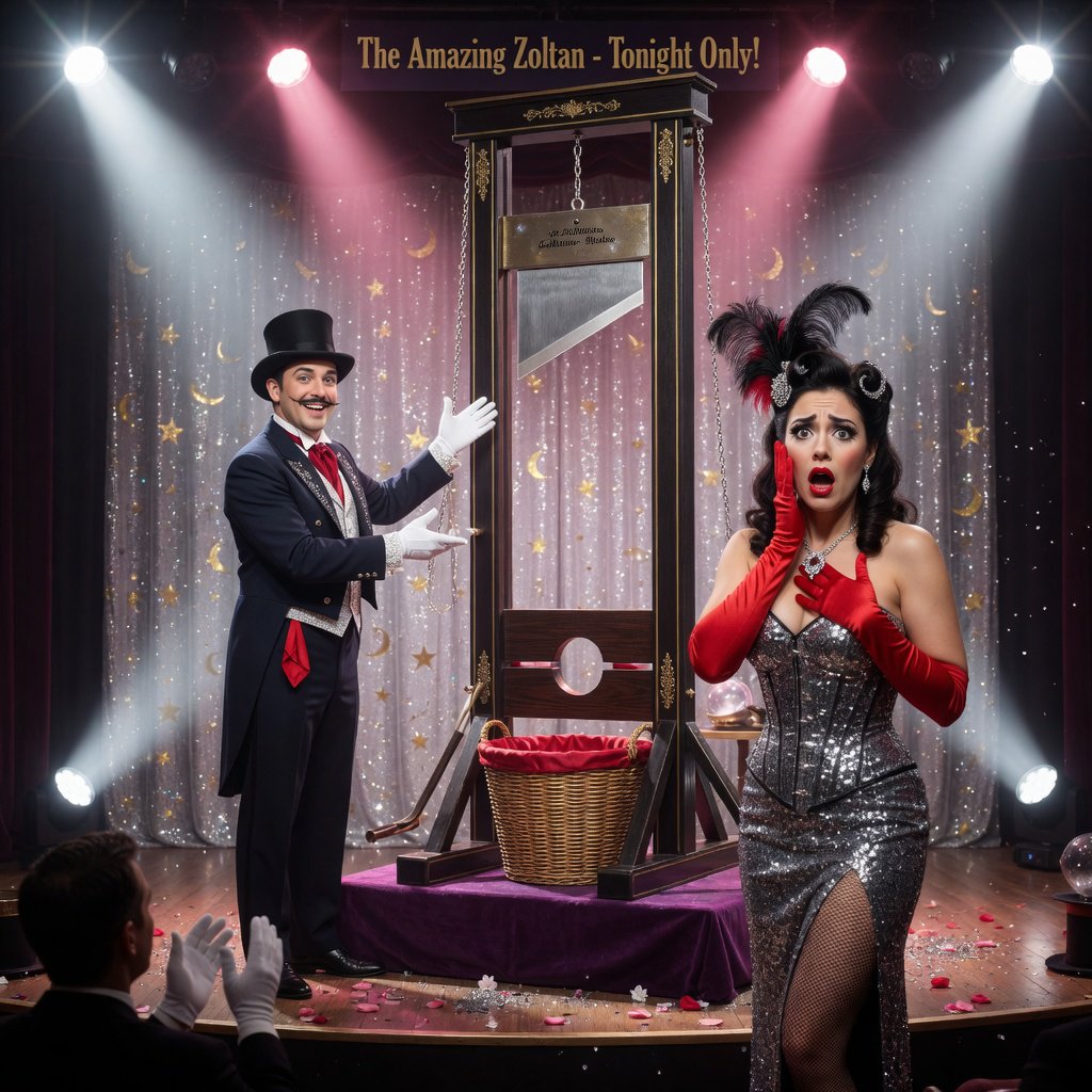A magician's act on a well-lit stage. A well-dressed magician and glamorous adult female assistant have just unveiled the magician's guillotine. The adult female assistant fakes a worried look, knowing she will shortly participate in the illusion. — Grok Imagine Image Quality