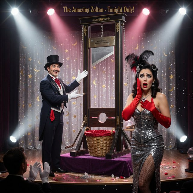 A magician's act on a well-lit stage. A well-dressed magician and glamorous adult female assistant have just unveiled the magician's guillotine. The adult female assistant fakes a worried look, knowing she will shortly participate in the illusion. — Grok Imagine Image Quality