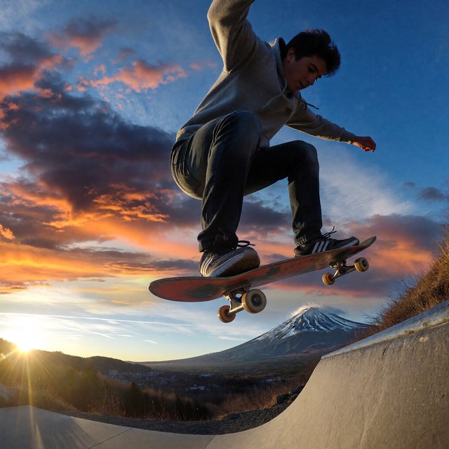 A man wearing a hoodie, jeans, and sneakers rides a skateboard that has taken off the ground. A low angle shows the man on the skateboard up in the air at high speed, with a snow-capped peak in the background beneath a setting sun in the evening sky. — ImagineArt 1.5 Pro