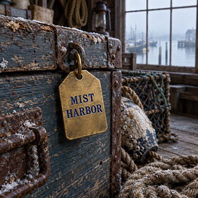 A brass luggage tag hangs from a weathered sea chest in a harbor loft, its face bearing “MIST HARBOR” in deeply stamped blue capitals; ropes and salt-crusted fittings surround it, with no other writing visible. — GPT Image 2.5 Flare