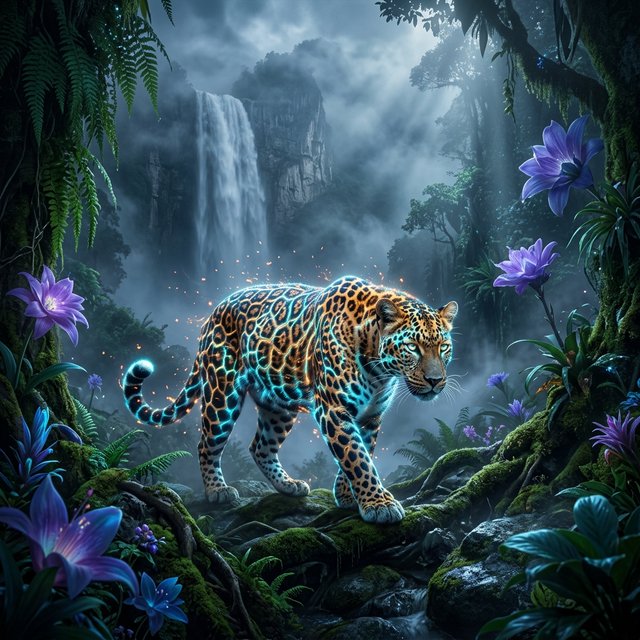 A majestic leopard, its fur detailed in intricate glowing fiber optics, emerges from a dreamlike, mist-shrouded floral mountain landscape with a waterfall in the background. The scene is bathed in ethereal light, evoking a sense of awe and wonder. — Nano Banana 2.1