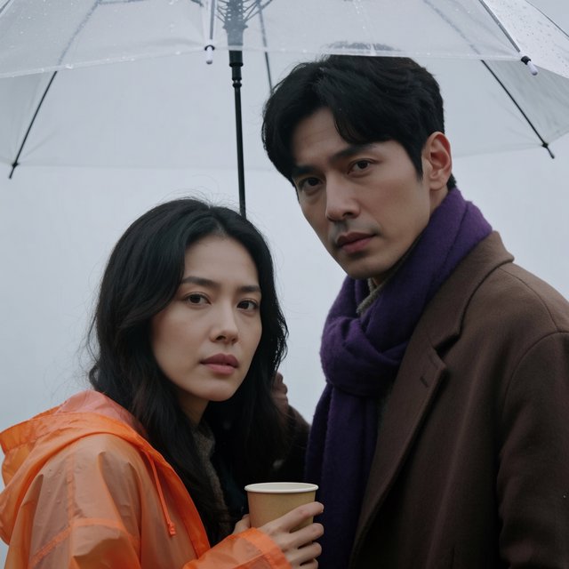 A man with a purple scarf holding a transparent umbrella, standing to the right of a woman in an orange raincoat who holds a paper cup, both facing the camera. — Krea 2 Medium