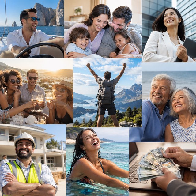 Realistic. Adults around the world finding abundant wealth, family, and joy in their lives. The vibe is very good but also casual. — GPT Image 2.5 Sunburst