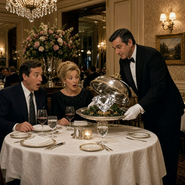 A very posh, well-lit 1990s restaurant with beautiful, tasteful decor. A husband and wife dine in a high-class restaurant. The waiter serves something very surprising as the main course! — Grok Imagine Image 2