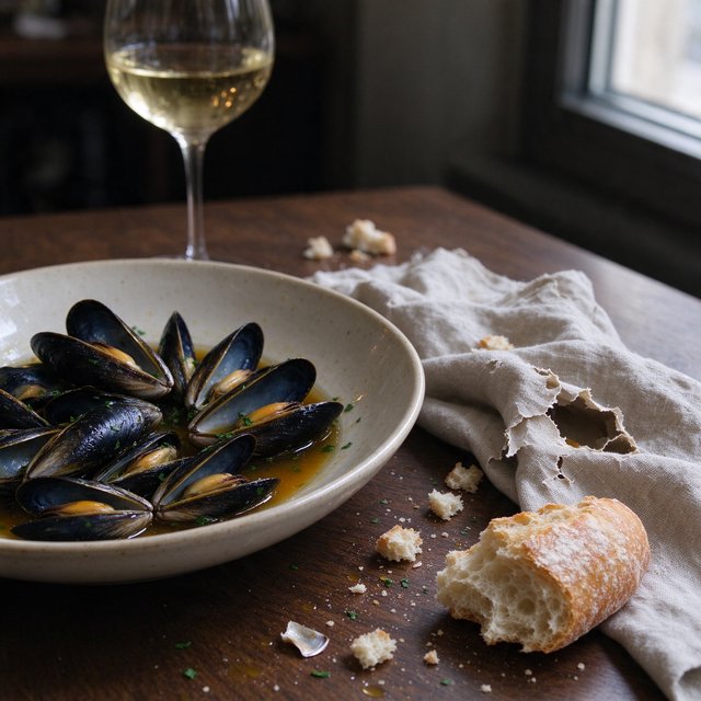 Beside a rumpled linen napkin, an in-progress supper shows a shallow bowl of mussels, torn bread, and a half-full glass on a wooden table. A natural-light dining snapshot, shot at 50mm with shallow depth of field, catches crumbs and glossy broth. — Seedream 5.0 Flash
