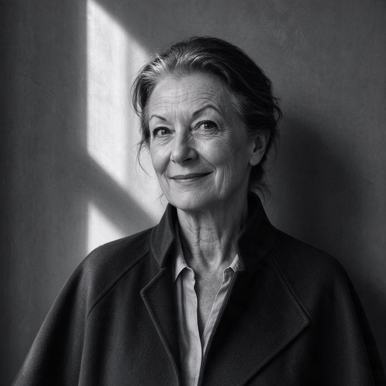 Under a narrow window beam, an adult woman in her late 50s wears a sculpted wool cape over a cotton blouse; her wry expression rests against a charcoal plaster backdrop in a black-and-white portrait, shaped by soft angled light. — Seedream 5.0 Flash