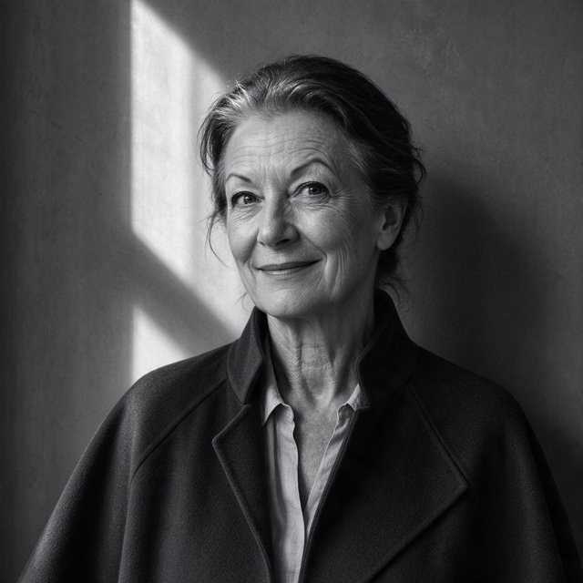 Under a narrow window beam, an adult woman in her late 50s wears a sculpted wool cape over a cotton blouse; her wry expression rests against a charcoal plaster backdrop in a black-and-white portrait, shaped by soft angled light. — Seedream 5.0 Flash