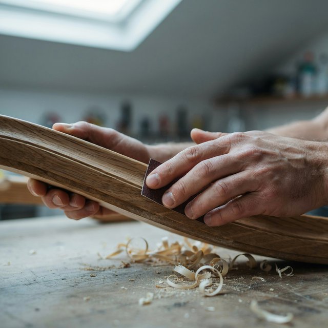Fine curls gather beneath adult hands sanding the edge of a wooden chair in a quiet repair shed. A real-world workshop snapshot in cool skylight, using a normal lens at shallow depth of field, catches pale sawdust clinging to the knuckles. — Ideogram v4.5