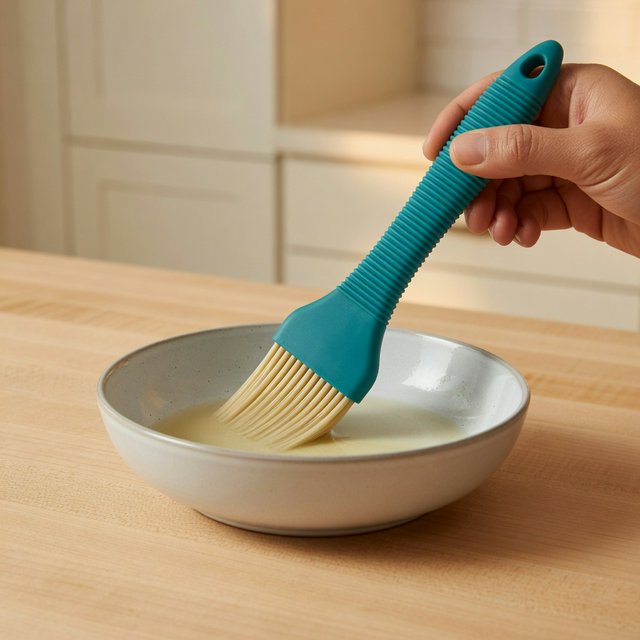 Across a honed maple counter, an adult hand guides an unbranded silicone pastry brush over a ceramic bowl; its ribbed teal handle catches diffused key light and warm bounce against a cream kitchen background, face cropped out, no lettering, commercial product image. — Grok Imagine Image Quality