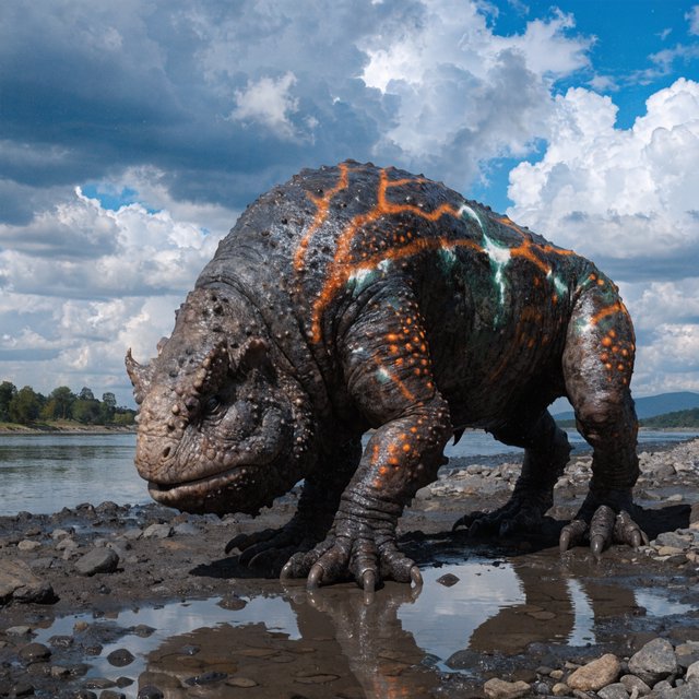Creature design: a six-legged amphibious grazer with bioluminescent markings, shown on a riverbank, painterly. — Recraft v4