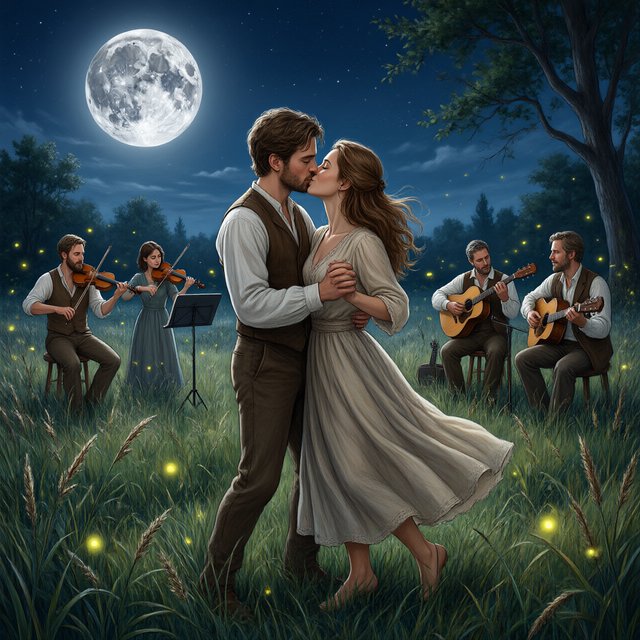 An illustration of a young adult European couple sharing a kiss while dancing in a moonlit meadow, with tall grass, fireflies, musicians playing music, and a huge silver moon overhead. — Qwen Image 3.0