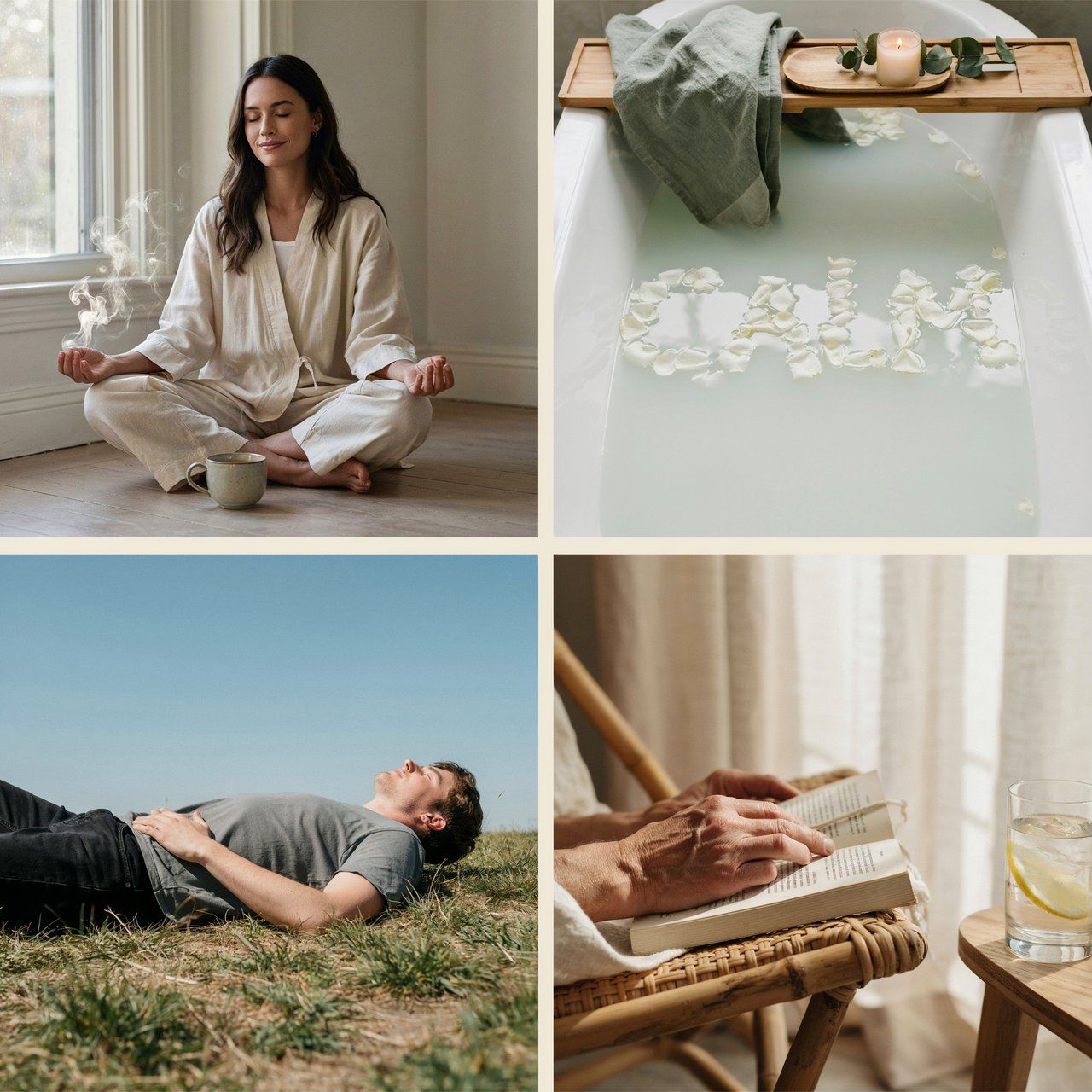 An image representing the word and concept of “Relaxing.” There are at least 4 moments that represent this. The word “Relax” and another word representing it are hidden naturally in the background. — Ideogram v4