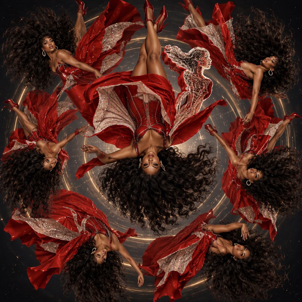 Image of a pop-dance African-American diva. The woman hangs completely inverted in mid-air, head pointing toward the floor and legs toward the ceiling. Her huge hair falls and spreads dramatically in the opposite direction, while her expression remains cool and composed. Her red gown is turned inside out, exposing its sparkling lining, seams, and construction. To push the surrealism further, a second, reversed version of her silhouette appears to peel outward from her original form, like a three-dimensional reflection escaping its owner. Multiple copies of the woman circle around a central point, each rotated to a different angle. Their flowing hair and red gowns form a pinwheel or circular vortex, creating the impression that one woman is spinning endlessly around herself. — GPT Image 2.5 Sunburst