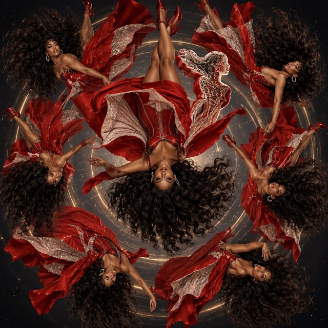 Image of a pop-dance African-American diva. The woman hangs completely inverted in mid-air, head pointing toward the floor and legs toward the ceiling. Her huge hair falls and spreads dramatically in the opposite direction, while her expression remains cool and composed. Her red gown is turned inside out, exposing its sparkling lining, seams, and construction. To push the surrealism further, a second, reversed version of her silhouette appears to peel outward from her original form, like a three-dimensional reflection escaping its owner. Multiple copies of the woman circle around a central point, each rotated to a different angle. Their flowing hair and red gowns form a pinwheel or circular vortex, creating the impression that one woman is spinning endlessly around herself. — GPT Image 2.5 Sunburst