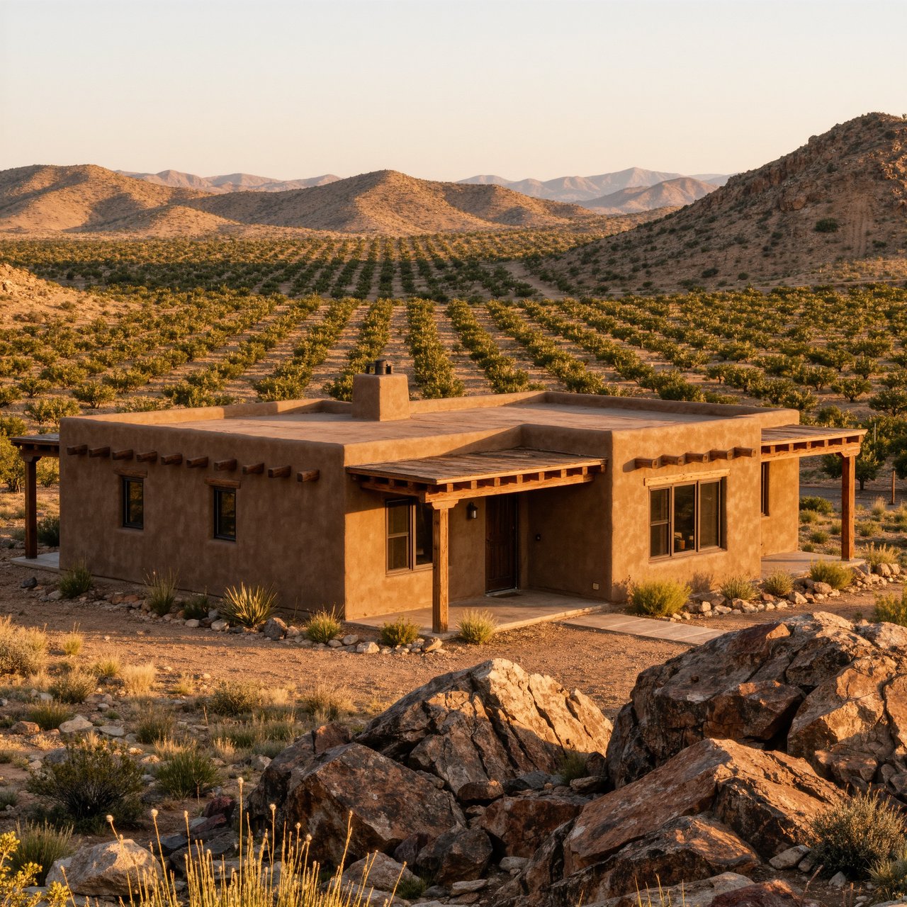 Beyond dry orchard rows, a Pueblo Revival adobe house settles into the desert foothills, with timber lintels and a muted clay roof; warm late-afternoon light, viewed from a rocky rise, reveals clean geometry and credible construction. — Kling v3 Omni