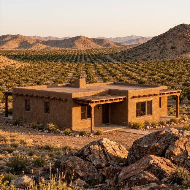 Beyond dry orchard rows, a Pueblo Revival adobe house settles into the desert foothills, with timber lintels and a muted clay roof; warm late-afternoon light, viewed from a rocky rise, reveals clean geometry and credible construction. — Kling v3 Omni