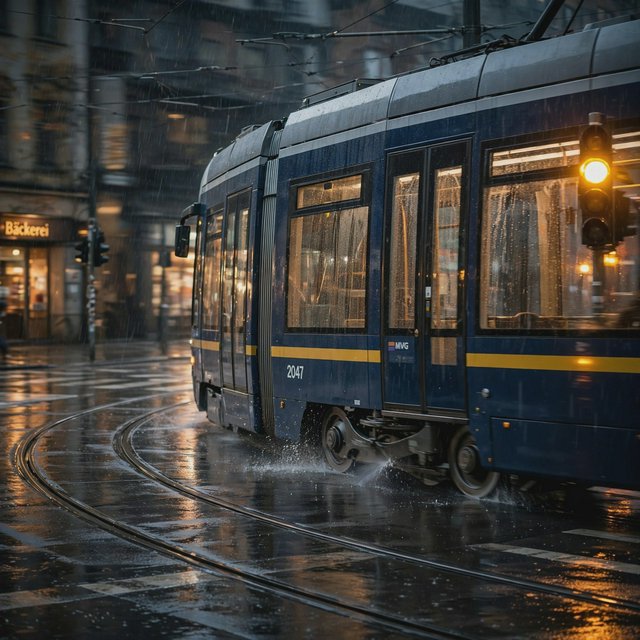 At a rain-darkened intersection, a tram grinds through a curve, its steel wheels shining beneath amber signal glow. A street-level news photo, shot on a 35mm lens with moderate depth of field, catches beads of water on the windows and slight wheel blur. — Muse Image 1.0