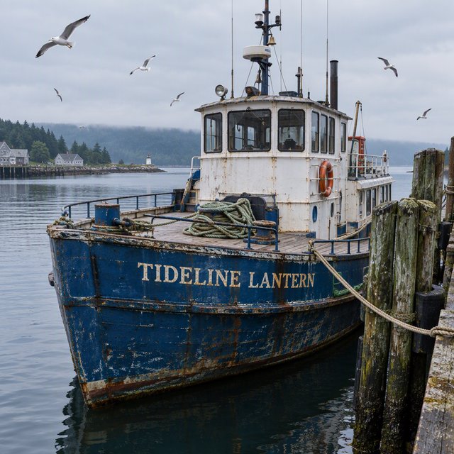 At a quiet harbor, a weathered wooden ferry rests beside slick pilings, ropes coiled on deck as gulls wheel overhead; "TIDELINE LANTERN" is painted in faded ivory letters along the blue hull. — GPT Image 2.5 Flare