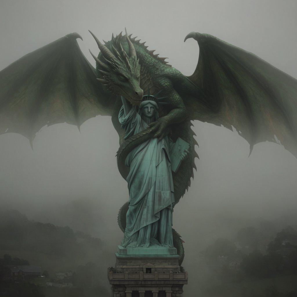 A dragon sleeping on the Statue of Liberty on a moody, overcast day. — Krea 2 Large