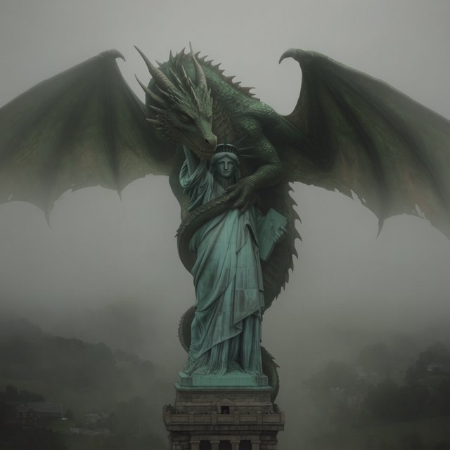 A dragon sleeping on the Statue of Liberty on a moody, overcast day. — Krea 2 Large