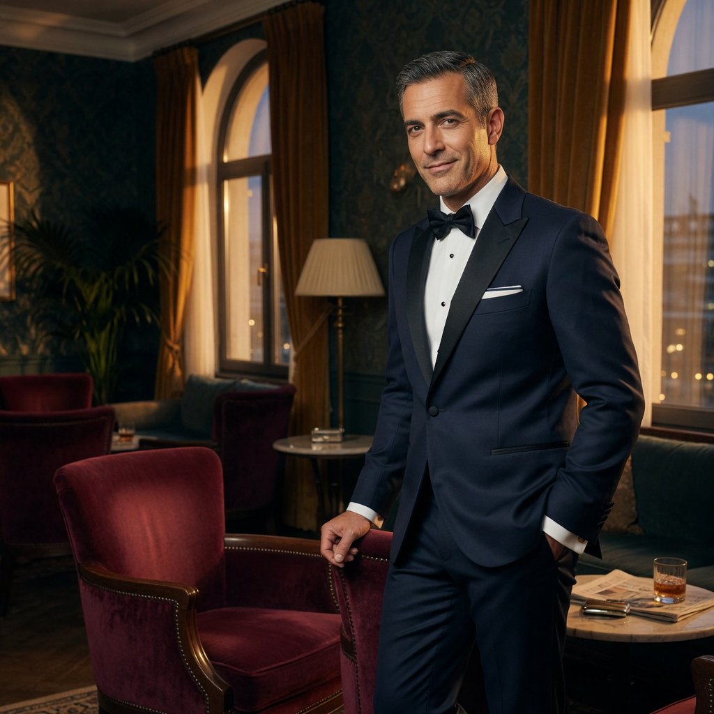 Editorial glamour photograph of an adult man in a midnight-blue tuxedo, standing naturally beside a velvet chair in a quiet hotel lounge, flattering amber window light, relaxed expression, polished magazine composition. — Grok Imagine Image Quality