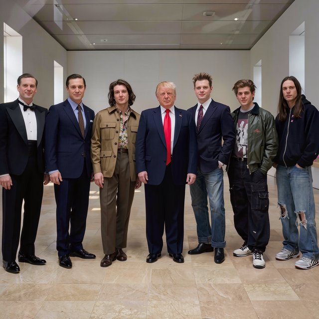 A realistic image only, showing nice outfits worn by adult men from at least 4–6 different eras. Mention the time range for each era. — Kling v3
