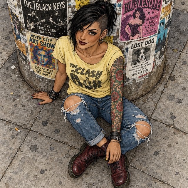 Realistic India ink illustration with crisp black lines, realistic anatomy and proportions, and watercolor fills; black ink outlines remain visible. Full-length, overhead view. A Latina woman sits on the pavement with her back against an enormous, thick round downtown pillar covered in posters for bands, art shows, burlesque, and a lost dog. One hand rests on the pavement, the other on an ankle. She tilts her head back, looking up at the viewer with a confident smile. Character: 25-year-old woman, medium-brown skin, slim build, edgy punk/goth appearance. Black asymmetrical undercut, right side shaved, longer top brushed across forehead, short messy ponytail. Sharp features, arched brows, brown almond-shaped eyes, heavy eyeliner, dark burgundy lipstick, six ear piercings. Each fingernail a different color. Loose pale-yellow graphic T-shirt, ripped blue jeans, dark red combat boots. Full left-arm sleeve tattoo of vines, leaves, and red roses. Thick black leather bracelets on both wrists. — GPT Image 2.5 Flare
