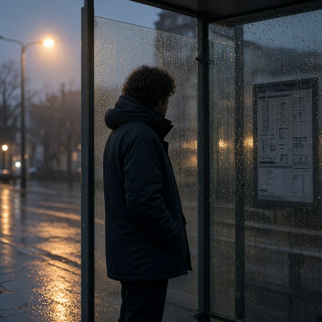 Candid documentary photograph of an adult waiting beside a city bus shelter at dawn, sodium streetlights fading into cool blue daylight, 50mm lens with shallow depth of field, fine rain droplets clinging to the shelter glass. — Grok Imagine Image 2