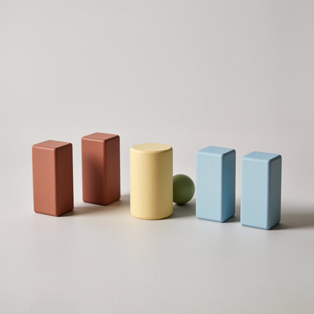Exactly five wooden toy blocks sit on a pale gray table: two red cubes on the left, one yellow cylinder in the center, and two blue cubes on the right. A small green ball sits behind the cylinder, nothing else. — Krea 2 Medium