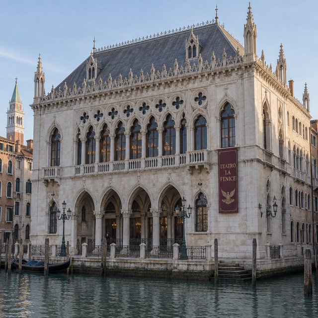 Exterior of a Venetian Gothic opera house beside a quiet canal, pale Istrian limestone, pointed arches, quatrefoil tracery, and a steep slate roof; cool morning light, viewed from across the water, crisp masonry lines and believable structure. — GPT Image 2.5 Sunburst