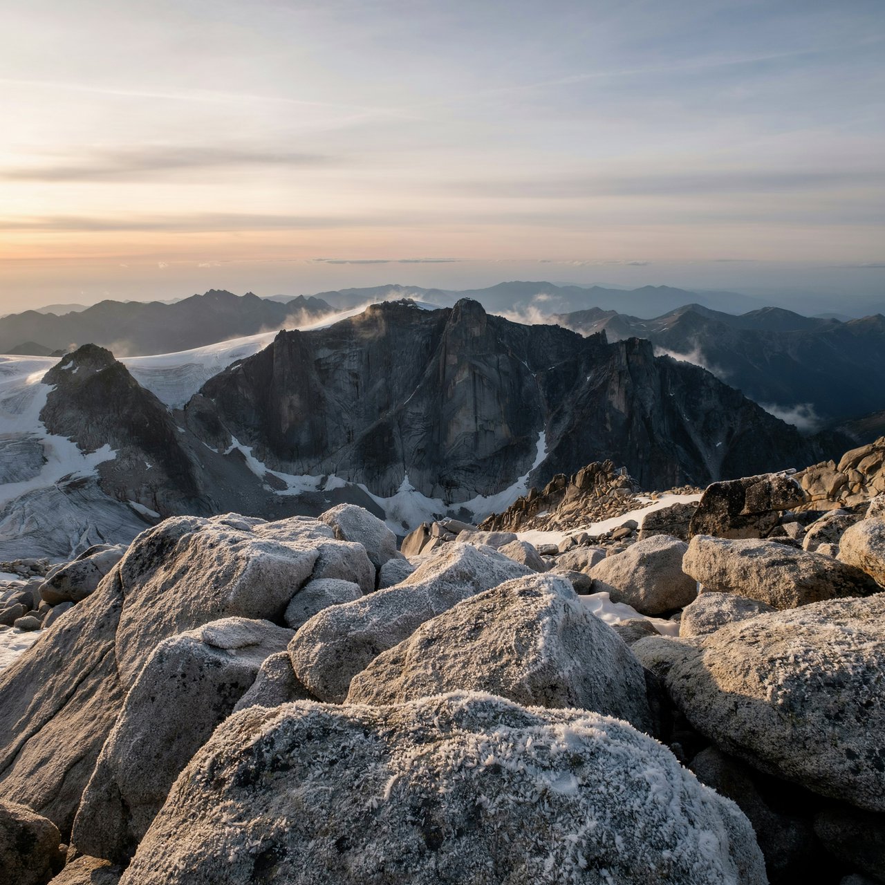 Wind combs a high granite ridge above a glacial cirque at sunrise, beneath clearing snow squalls; granular rime crusts foreground boulders while successive peaks dissolve into blue cloud shadow. — Ideogram v4.5