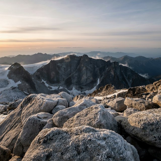Wind combs a high granite ridge above a glacial cirque at sunrise, beneath clearing snow squalls; granular rime crusts foreground boulders while successive peaks dissolve into blue cloud shadow. — Ideogram v4.5