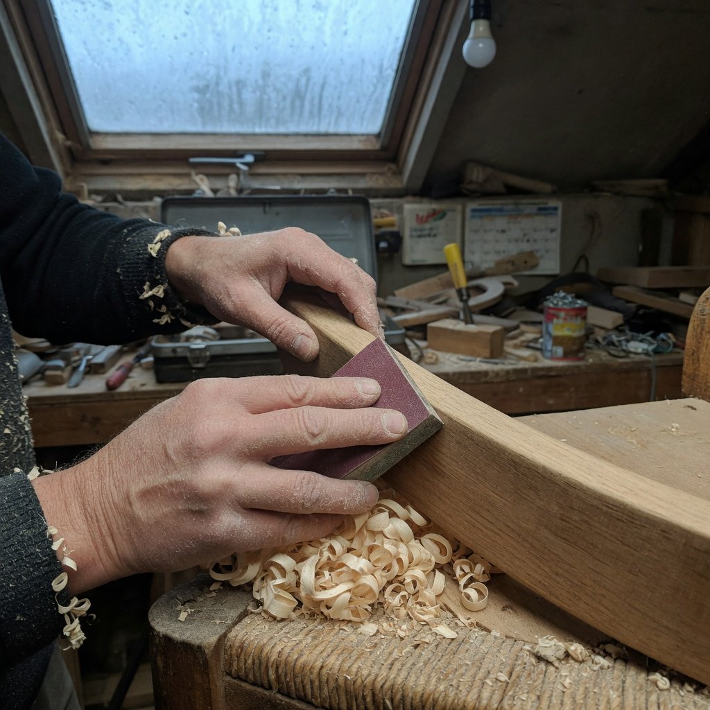 Fine curls gather beneath adult hands sanding the edge of a wooden chair in a quiet repair shed. A real-world workshop snapshot in cool skylight, using a normal lens at shallow depth of field, catches pale sawdust clinging to the knuckles. — Grok Imagine Image Quality