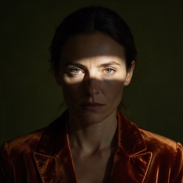 Her guarded gaze catches a solitary beam in a low-key fashion portrait: an adult woman aged 27–35 wears a rust-colored velvet blazer, the rest of her face falling into shadow against a deep olive backdrop. — Seedream 5.0 Pro